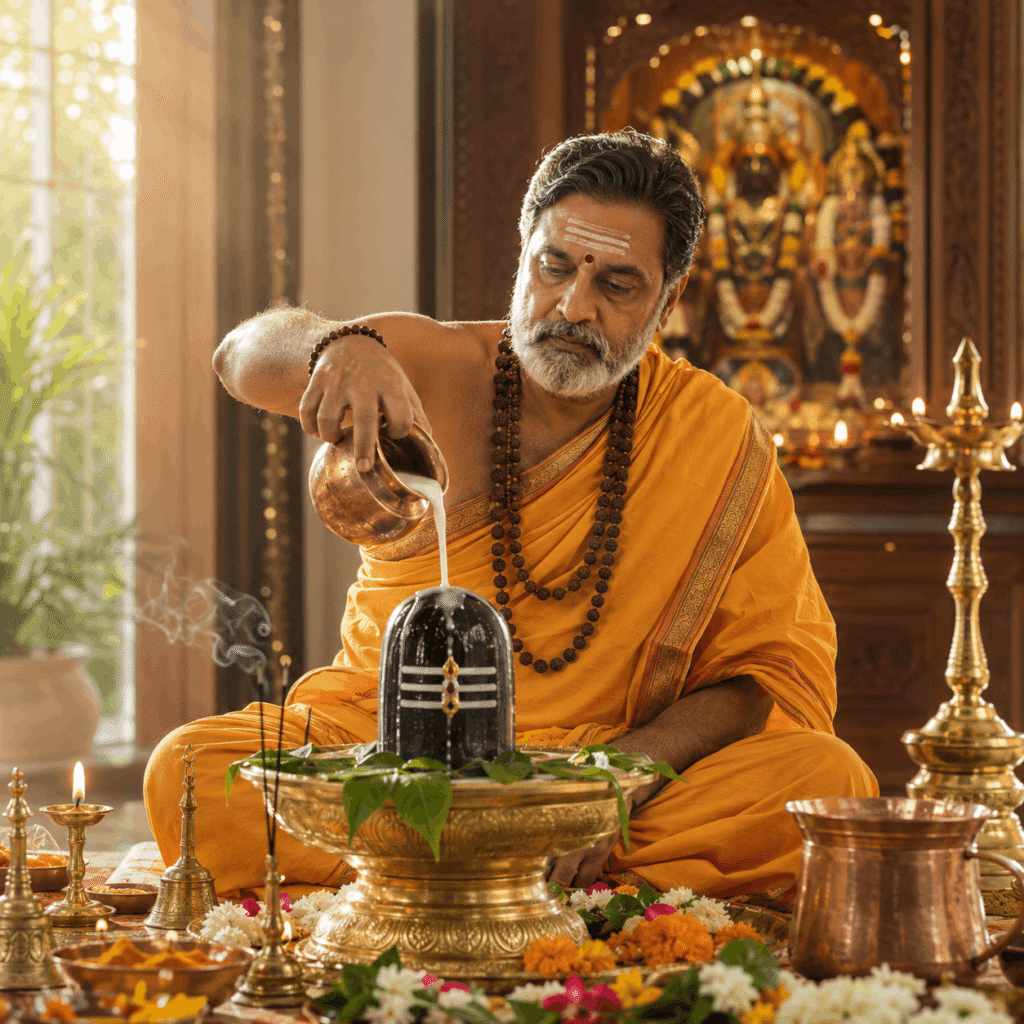 Experienced Vedic pandit conducting Rudrabhishek Puja with authentic Vedic rituals.