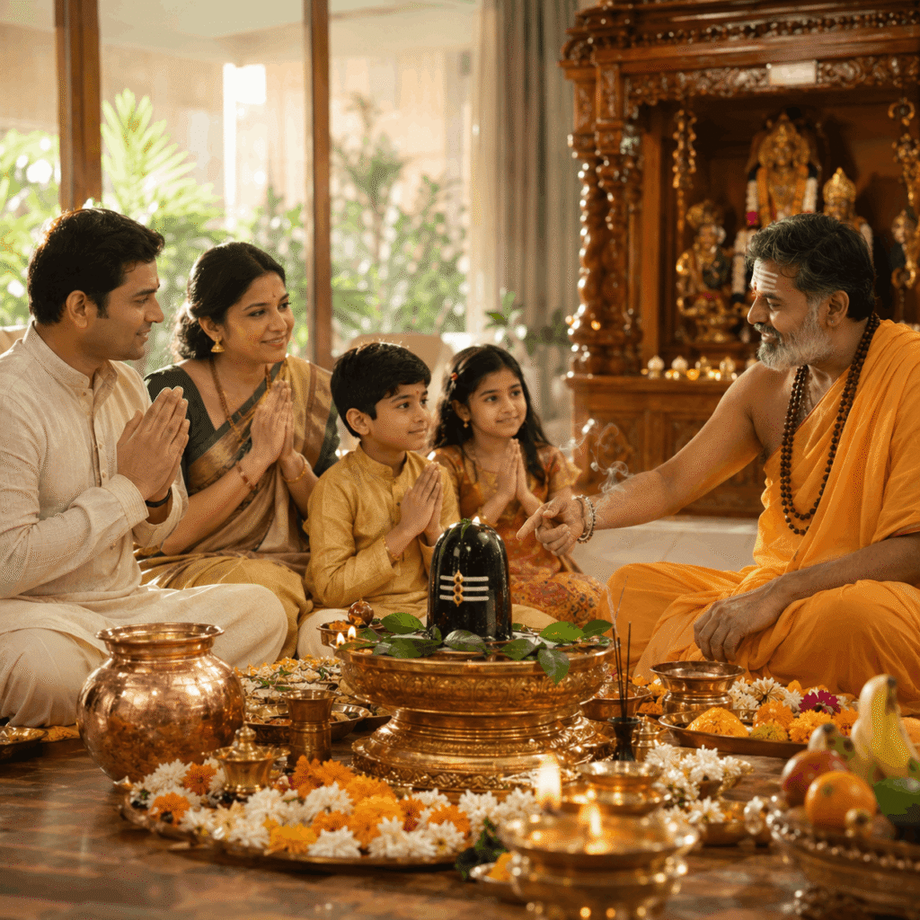 Verified Vedic pandit performing Rudrabhishek Puja for a family at home.