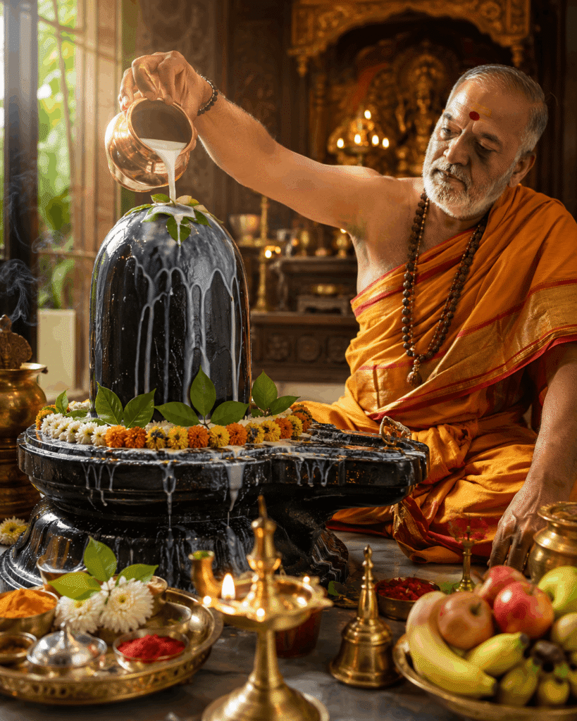 Vedic priest performing Rudrabhishek Abhishek on a Shivling with sacred offerings.