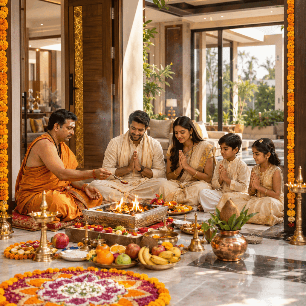 Family performing Griha Pravesh Puja at their new home with a verified Vedic pandit.