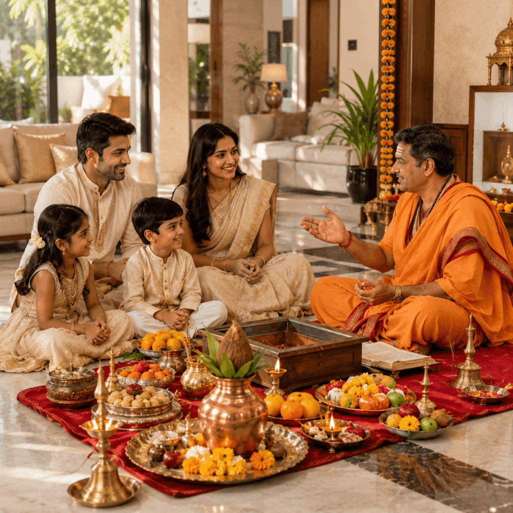 Verified Vedic pandit performing Griha Pravesh Puja for a family in their new home.