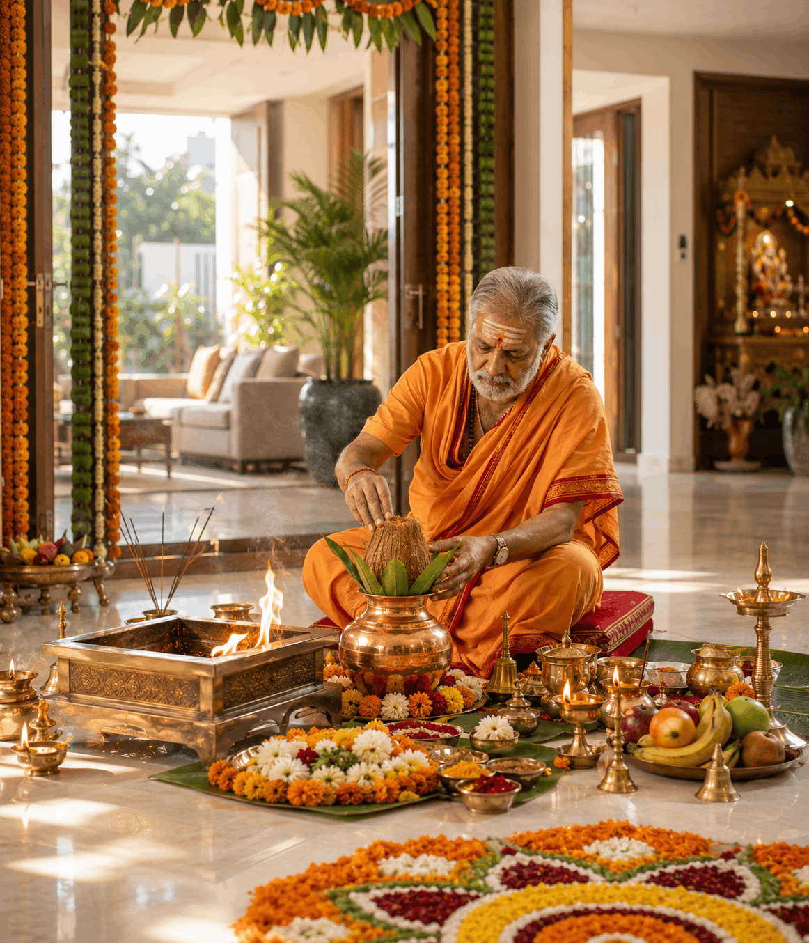 Vedic priest performing Griha Pravesh Puja inside a newly constructed home.