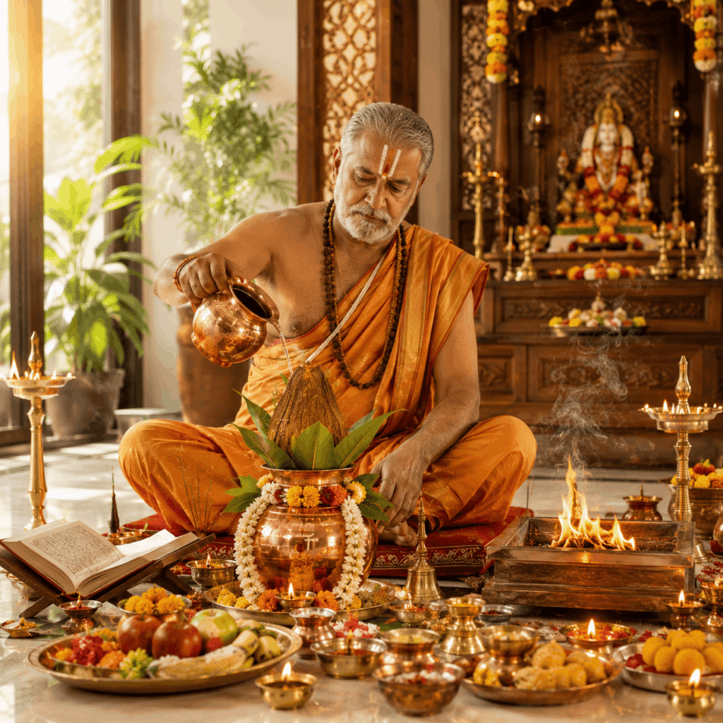 Experienced Vedic pandit conducting Griha Pravesh Puja according to Vedic traditions.