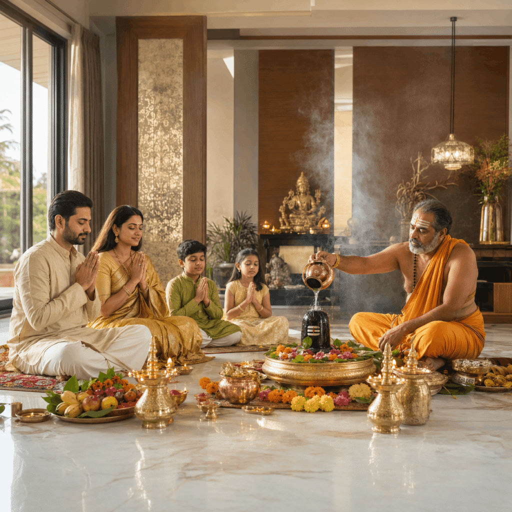 Verified Vedic pandit performing Mahamrityunjay Jaap at home for an Indian family with Shiva Lingam through Vandanam.