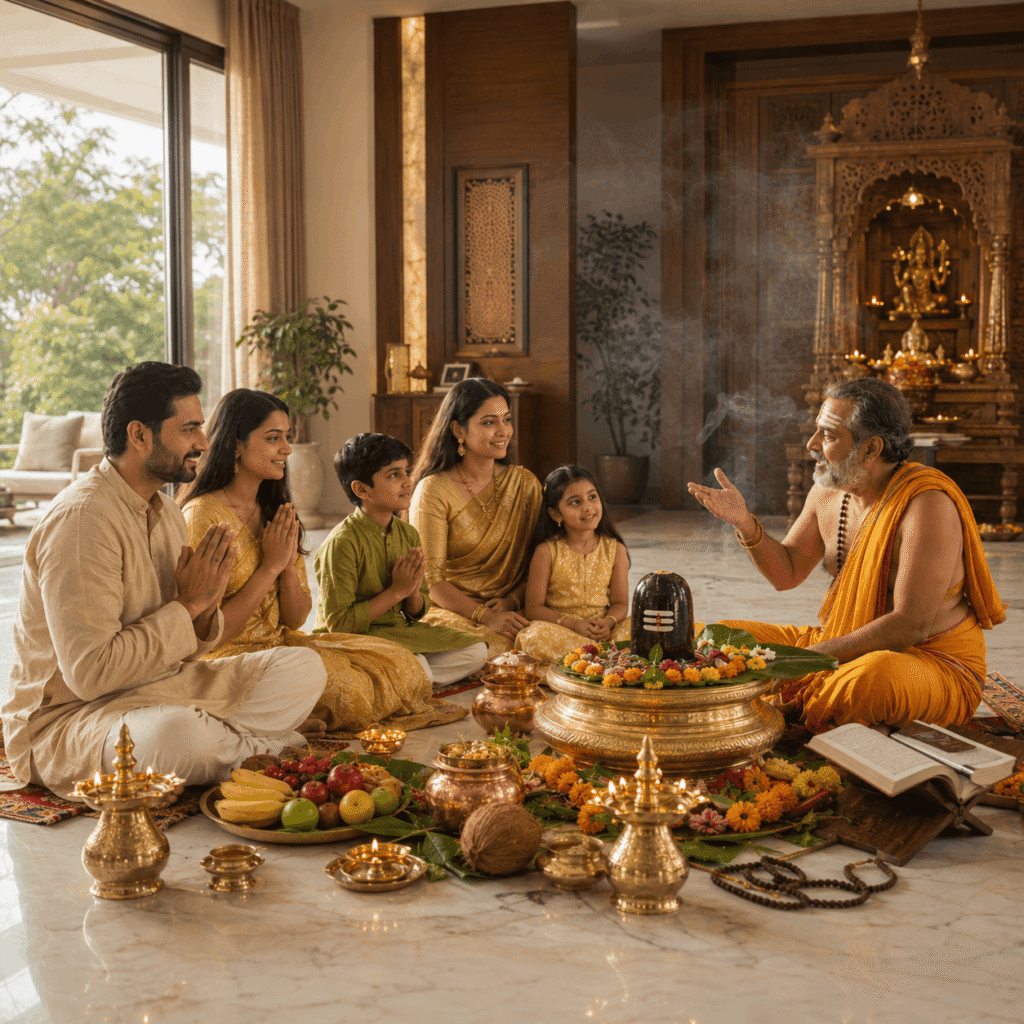 Verified Vedic pandit guiding an Indian family during Mahamrityunjay Jaap at home with Shiva Lingam through Vandanam.