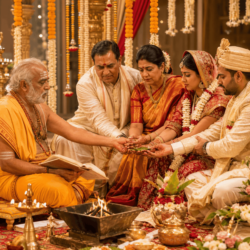 Verified Vedic pandit performing Marriage Puja (Vivah Puja) for a Hindu wedding ceremony with bride and groom under a traditional mandap