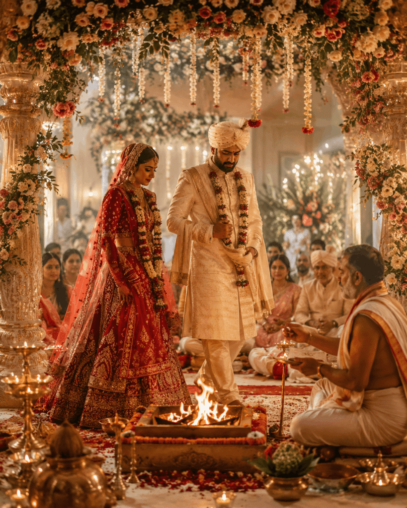 Bride and groom performing Saptapadi around the sacred fire during a traditional Hindu Vivah Puja led by a Vedic pandit