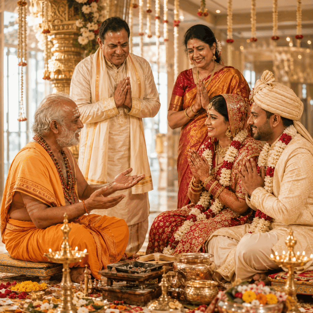 Senior verified Vedic pandit guiding Kanyadaan ritual during an authentic Hindu marriage ceremony with bride, groom and family