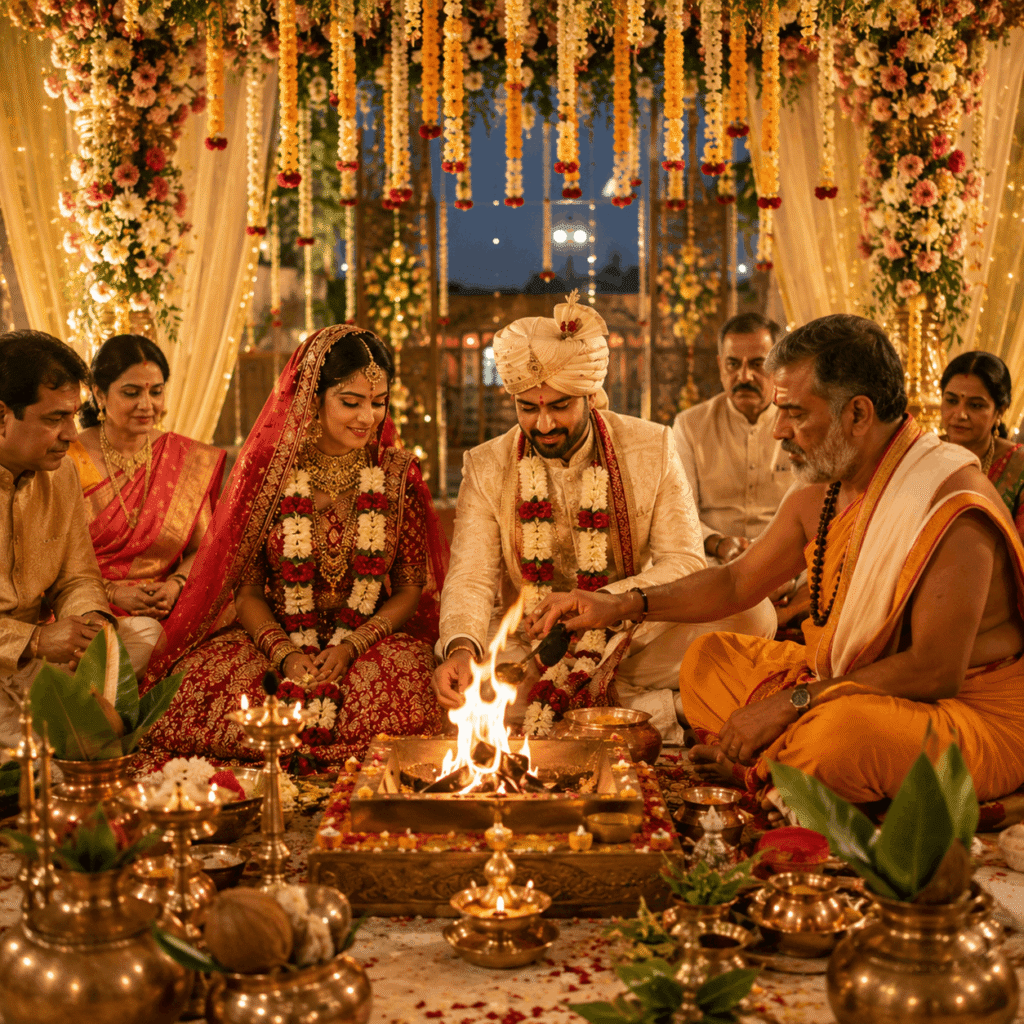 Verified Vedic pandit blessing the newly married couple and their family after completing a traditional Hindu wedding ceremony