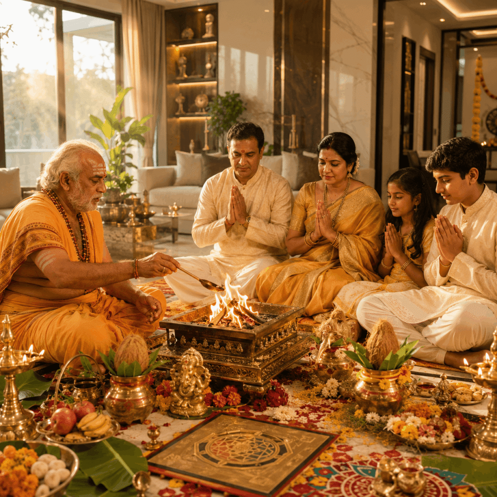 Pandit performing Vastu Shanti puja at a home entrance during Vandanam service in Delhi