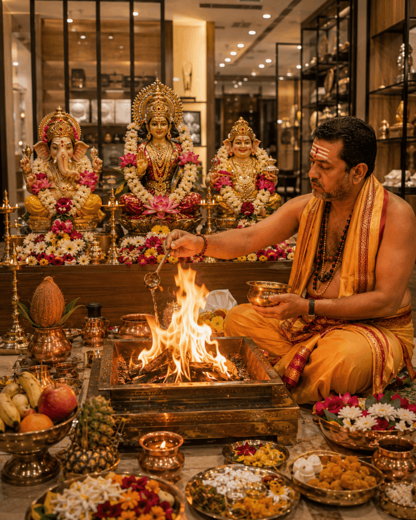 Pandit conducting Vyapar Vriddhi Homa during Business Puja with a Vandanam verified pandit