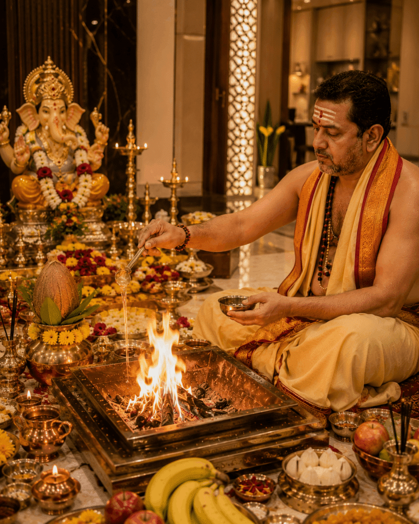 Pandit conducting Griha Shanti Homa during the puja with a Vandanam verified pandit