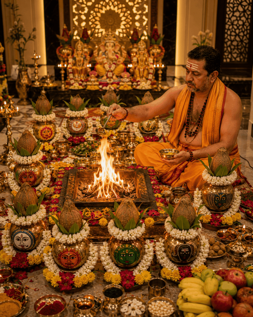 Pandit conducting Navgraha Homa fire ritual during Navgraha Puja with a Vandanam verified pandit