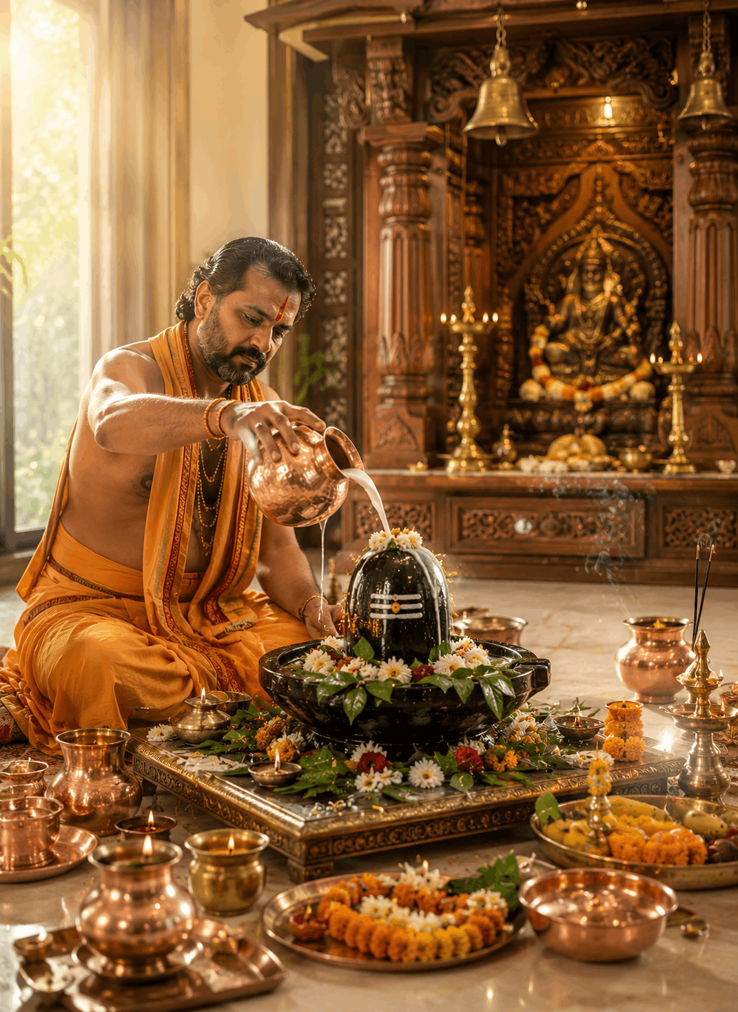 Verified Vedic pandit performing Rudrabhishek Puja on a Shivling at a home in Delhi NCR
