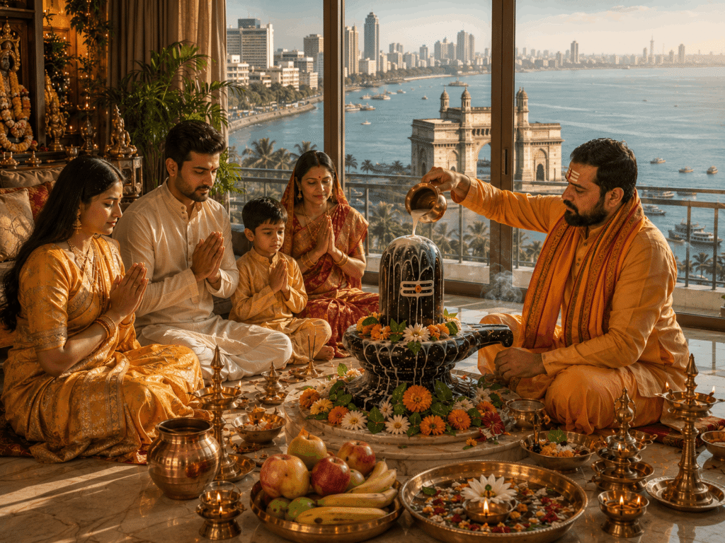 Verified Vedic pandit performing Rudrabhishek Puja at a home in Mumbai with traditional Vedic rituals.