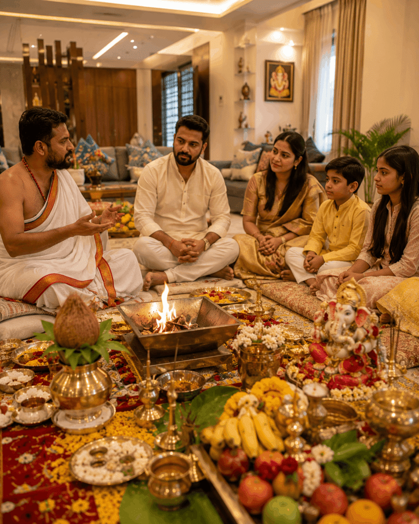 Pandit performing Griha Shanti Puja at a home living room during Vandanam service in Mumbai