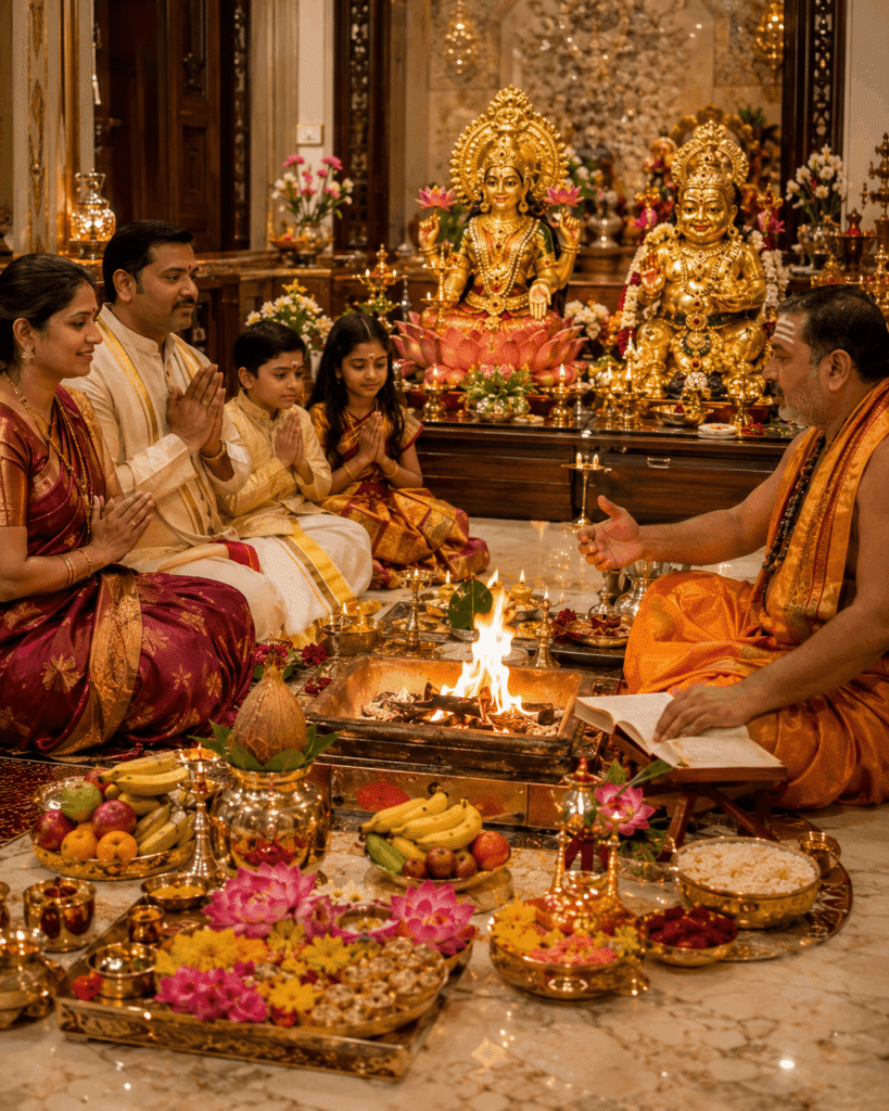 Pandit performing Lakshmi Kubera Puja at a home puja room during Vandanam service in Mumbai
