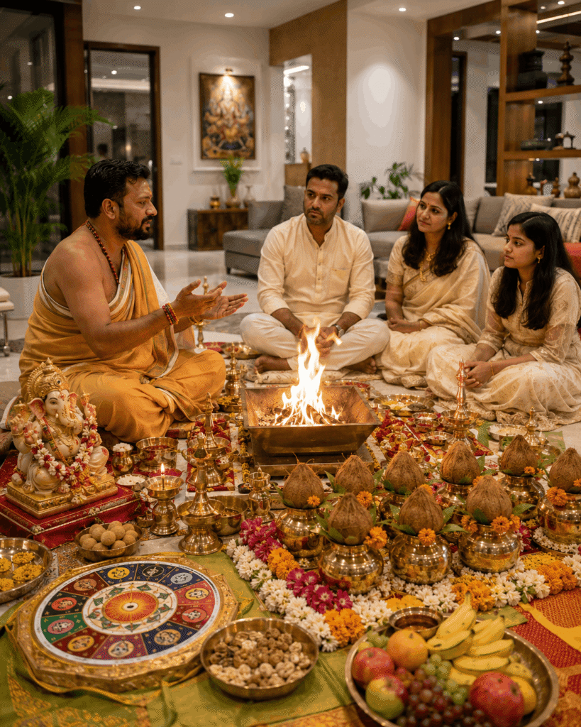 Pandit performing Navgraha Havan at a home during Vandanam service in Delhi