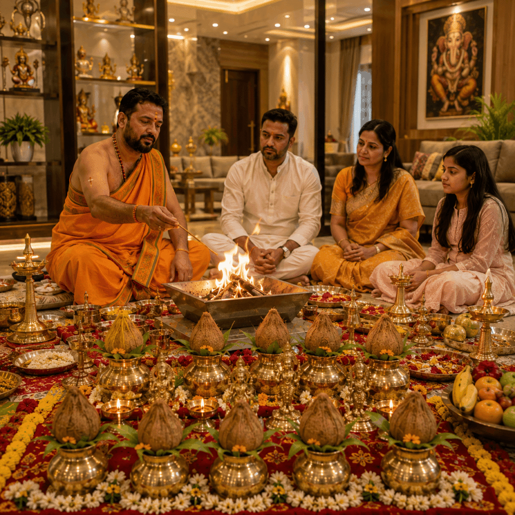 Vandanam verified pandit conducting Navgraha Homa fire ritual at a home in Mumbai
