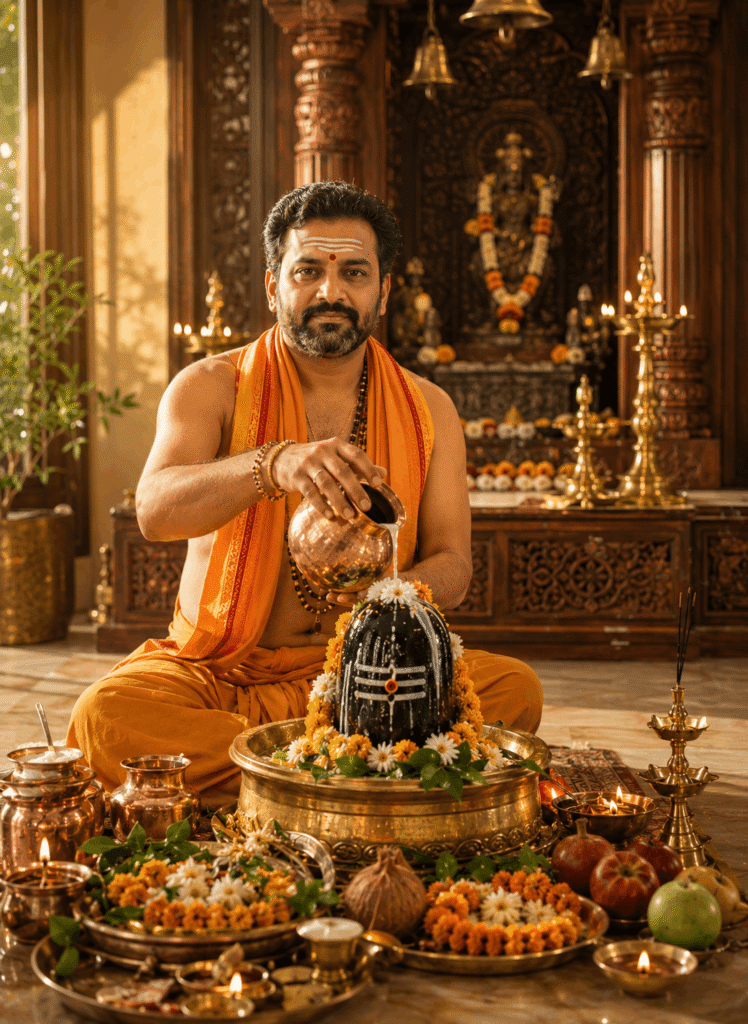 Pandit pouring panchamrit over Shivling during Rudrabhishek in Pune