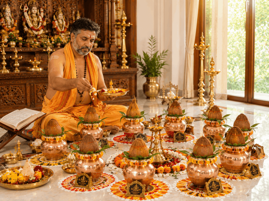 A Vedic pandit performing a multi-kalash sthapana with copper pots on floral rangoli