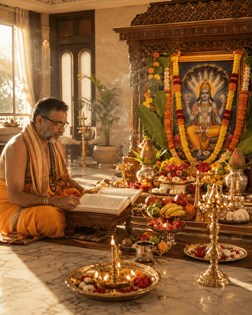 A Vedic pandit reading the Satyanarayan Vrat Katha before a garlanded picture of Lord Vishnu
