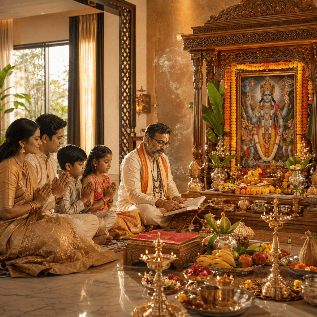 A Vedic pandit reciting the Satyanarayan katha as a family prays at home